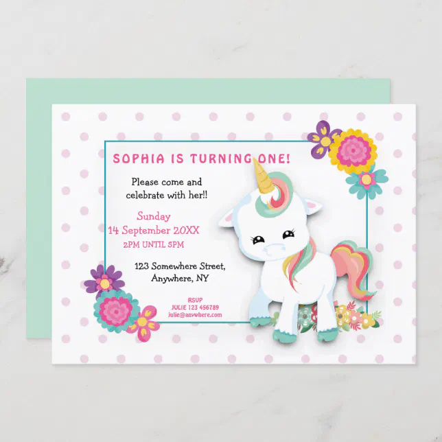 Cute White Unicorn Dots Girls First Birthday Invitation | Zazzle