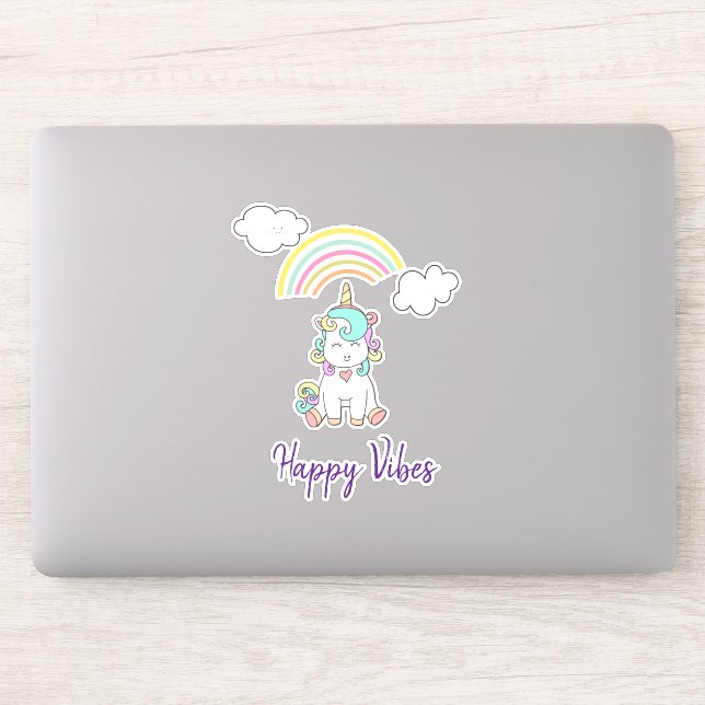 Cute White Unicorn Illustration Happy Vibes Sticker (Computer)