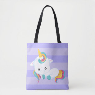 Cute White Unicorn Lying Down w/Purple Stripes Tote Bag