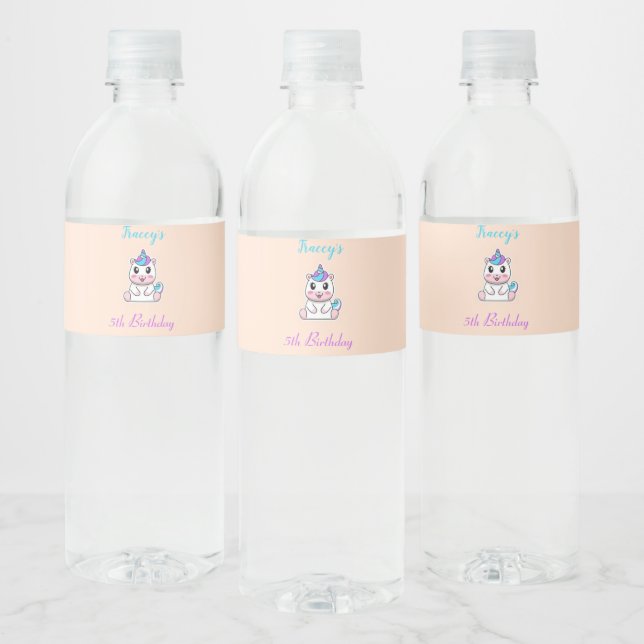 Cute white unicorn pink water bottle label (Bottles)