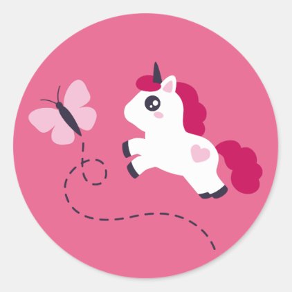 Cute White Unicorn with a Butterfly Classic Round Sticker