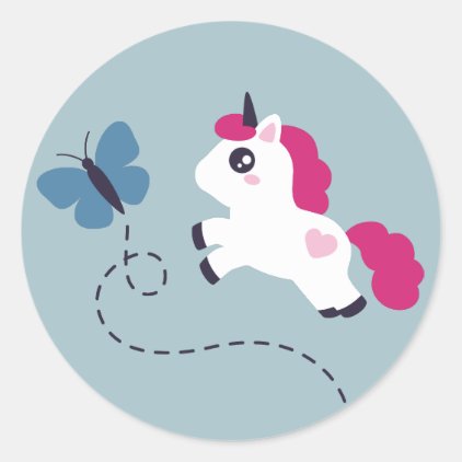 Cute White Unicorn with a Butterfly Classic Round Sticker