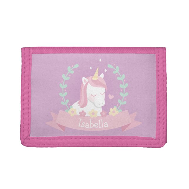 Cute White Unicorn with Flowers Wreath Kids Wallet (Front)