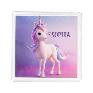 Cute White Unicorn With Pink & Blue Mane Acrylic Tray