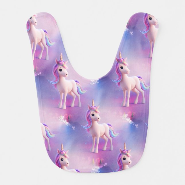 Cute White Unicorn With Pink & Blue Mane Baby Bib (Front)