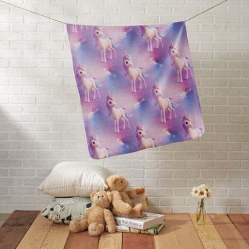 Cute White Unicorn With Pink  Blue Mane Baby Blanket