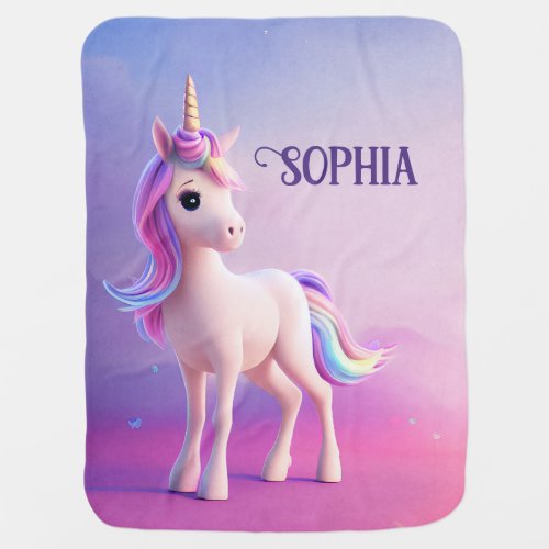 Cute White Unicorn With Pink  Blue Mane Baby Blanket