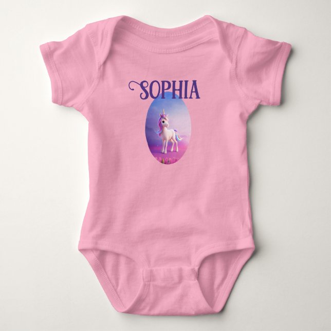 Cute White Unicorn With Pink & Blue Mane Baby Bodysuit (Front)