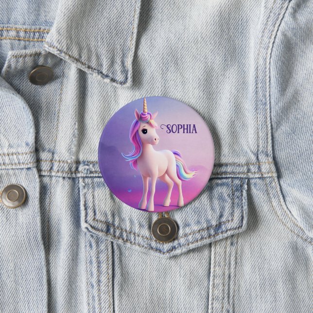 Cute White Unicorn With Pink & Blue Mane Button (In Situ)