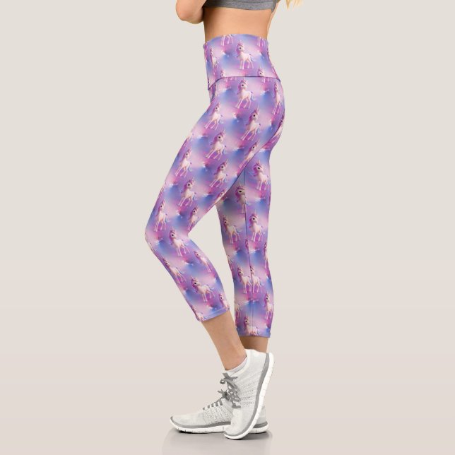 Cute White Unicorn With Pink & Blue Mane Capri Leggings (Left)
