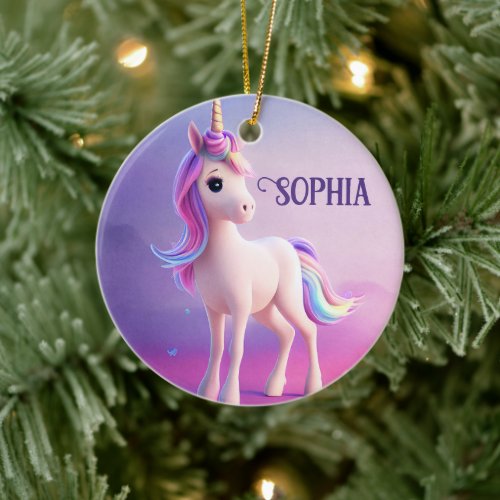 Cute White Unicorn With Pink &amp; Blue Mane Ceramic Ornament