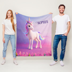 Cute White Unicorn With Pink & Blue Mane Fleece Blanket