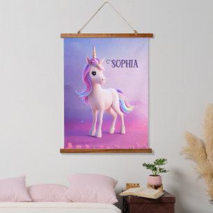 Cute White Unicorn With Pink & Blue Mane Hanging Tapestry