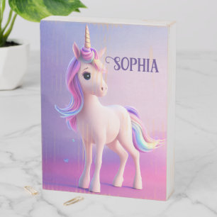 Cute White Unicorn With Pink & Blue Mane Keychain Wooden Box Sign