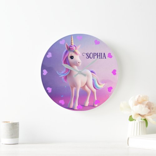 Cute White Unicorn With Pink  Blue Mane Large Clock