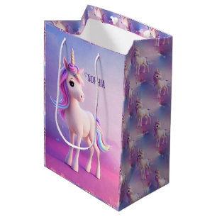 Cute White Unicorn With Pink & Blue Mane Medium Gift Bag
