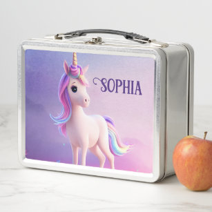 Cute White Unicorn With Pink & Blue Mane Metal Lunch Box