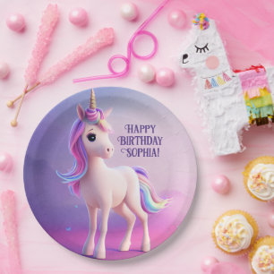 Cute White Unicorn With Pink & Blue Mane Paper Plates