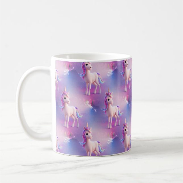 Cute White Unicorn With Pink & Blue Mane Pattern Coffee Mug (Left)