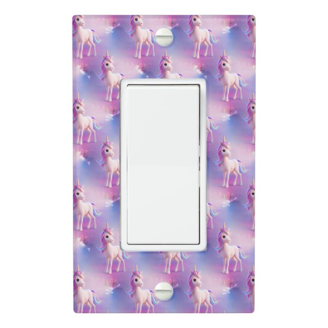 Cute White Unicorn With Pink & Blue Mane Pattern Light Switch Cover (In Situ)
