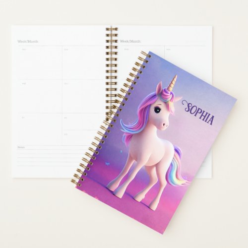 Cute White Unicorn With Pink  Blue Mane Planner