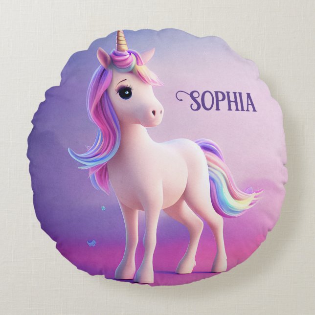 Cute White Unicorn With Pink & Blue Mane Round Pillow (Front)