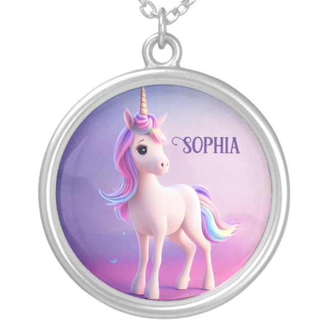 Cute White Unicorn With Pink & Blue Mane Silver Plated Necklace (Front)