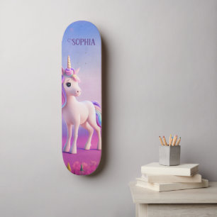 Cute White Unicorn With Pink & Blue Mane Skateboard