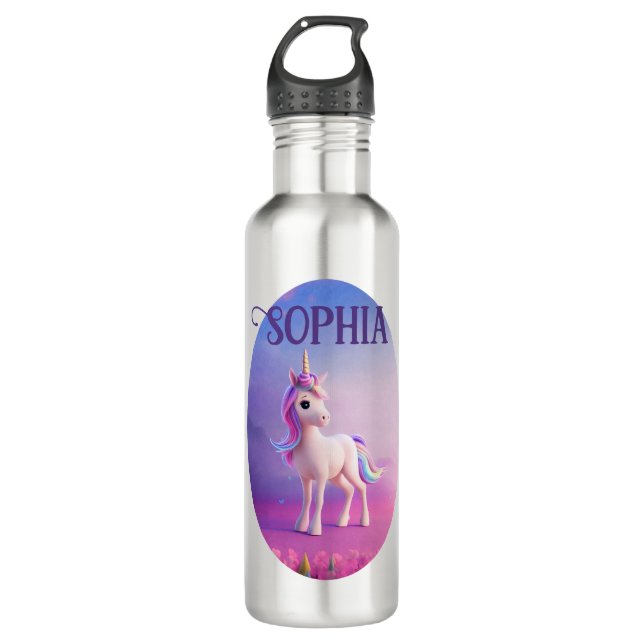 Cute White Unicorn With Pink & Blue Mane Stainless Steel Water Bottle (Front)