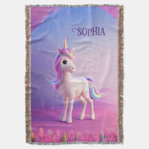 Cute White Unicorn With Pink & Blue Mane Throw Blanket