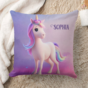 Cute White Unicorn With Pink & Blue Mane Throw Pillow