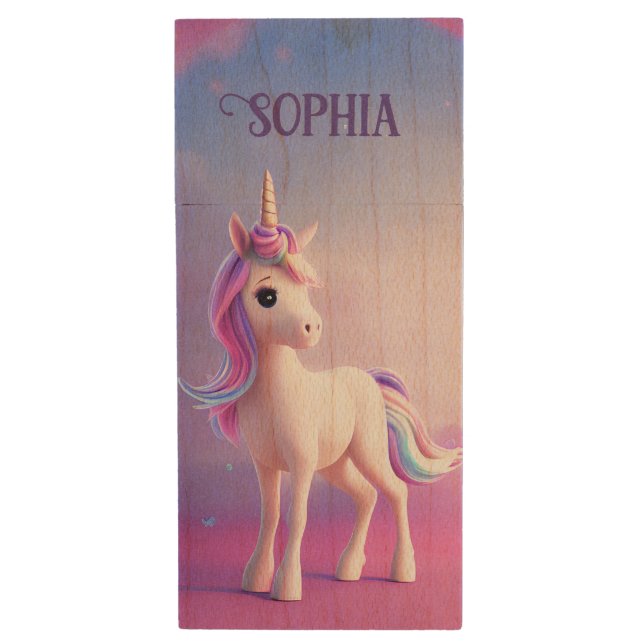 Cute White Unicorn With Pink & Blue Mane Wood Flash Drive (Front Vertical)