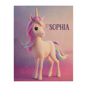 Cute White Unicorn With Pink & Blue Mane Wood Wall Art