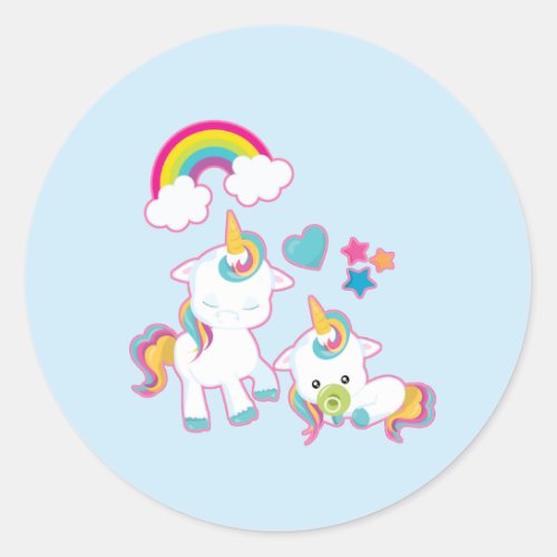 Cute White Unicorns Magical Mama  Baby Classic Round Sticker
