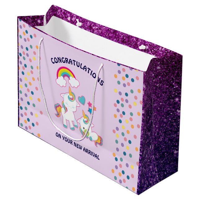 Cute White Unicorns Magical Mama & Baby Congrats Large Gift Bag (Front Angled)
