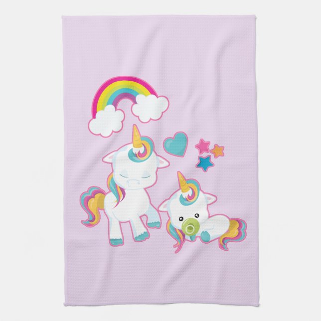 Cute White Unicorns Magical Mama & Baby Kitchen Towel (Vertical)