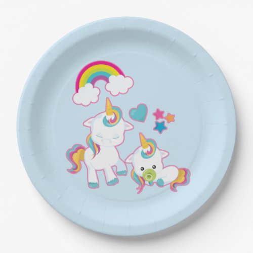 Cute White Unicorns Magical Mama  Baby Paper Plates