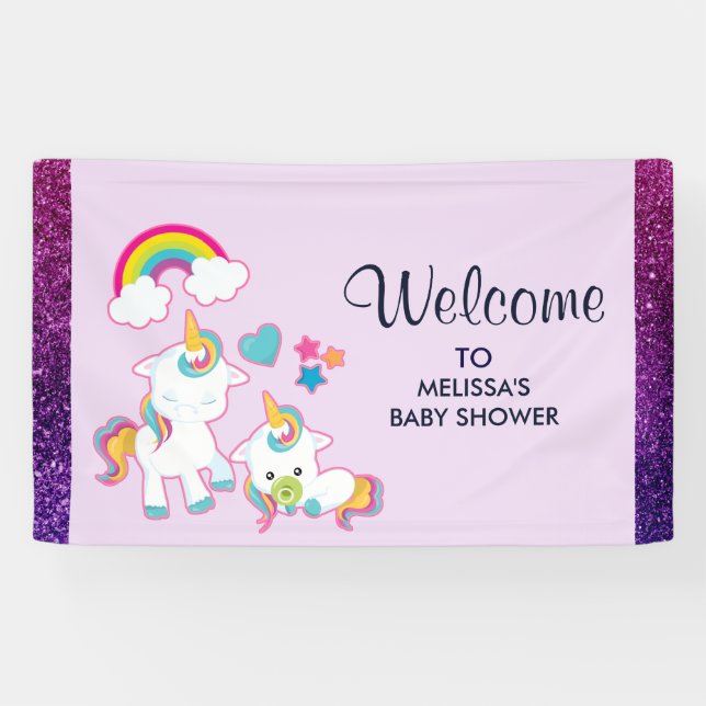 Cute White Unicorns Magical Mama & Baby Party Banner (Horizontal)