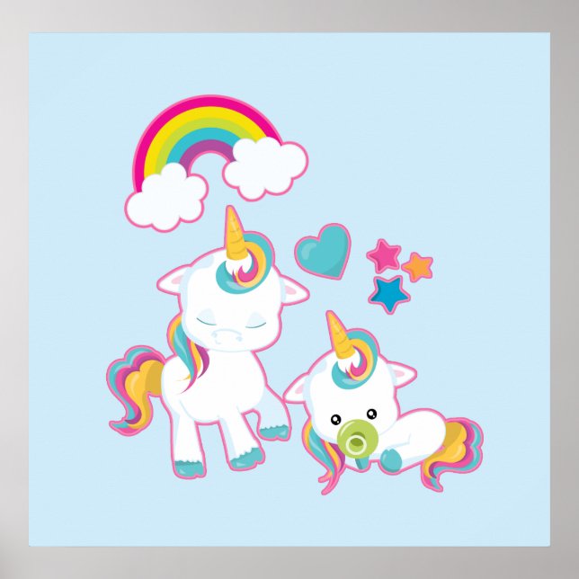 Cute White Unicorns Magical Mama & Baby Poster (Front)