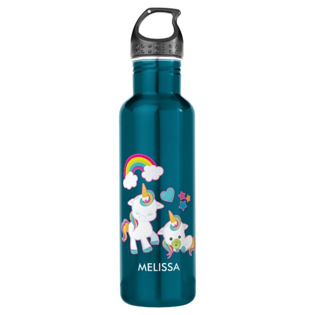 Cute White Unicorns Magical Mama & Baby Stainless Steel Water Bottle (Front)