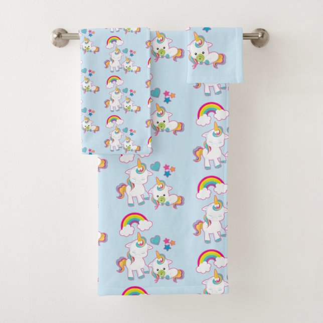 Cute White Unicorns Magical Mother & Baby Pattern Bath Towel Set (Insitu)