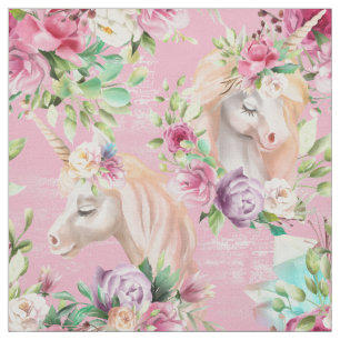 Cute White Unicorns Pink Cream Watercolor Flowers Fabric