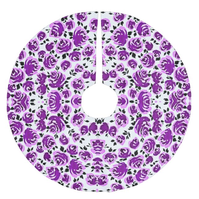 Cute white violet roses patterns brushed polyester tree skirt (Front)