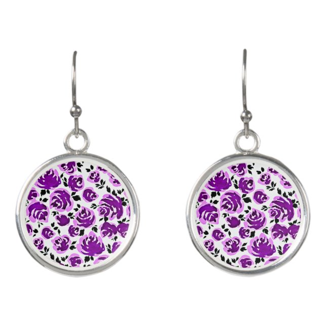Cute white violet roses patterns earrings (Front)