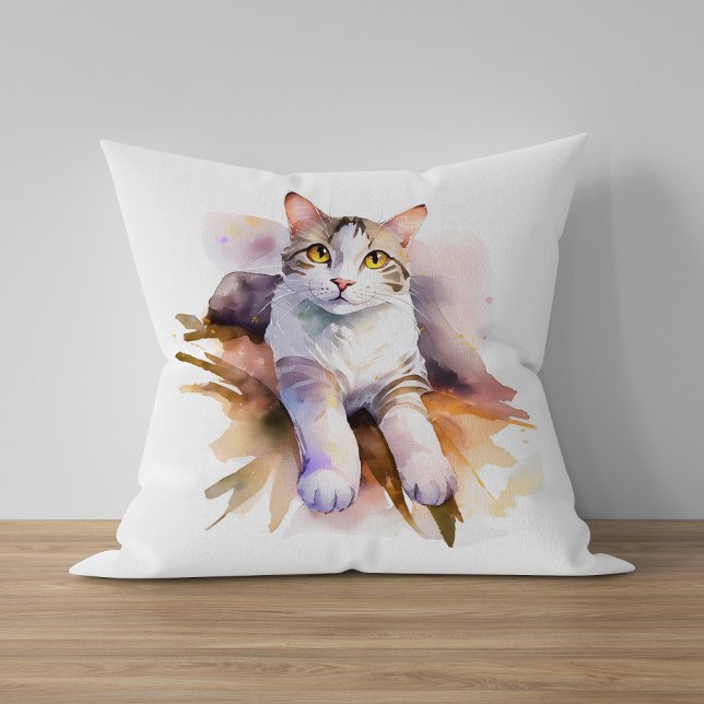 Cute White Watercolor Cat Illustration Throw Pillow (Creator Uploaded)