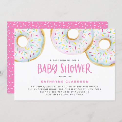 Cute White Watercolor Donuts Girl Baby Shower Invitation