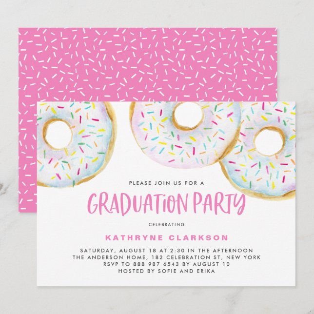 Cute White Watercolor Donuts Graduation Party Invitation (Front/Back)