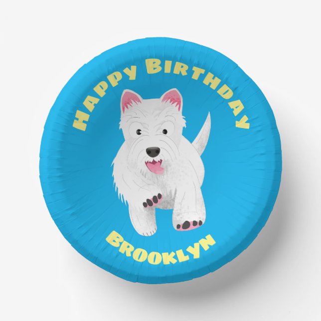Cute white west highland terrier cartoon birthday paper bowls (Front)