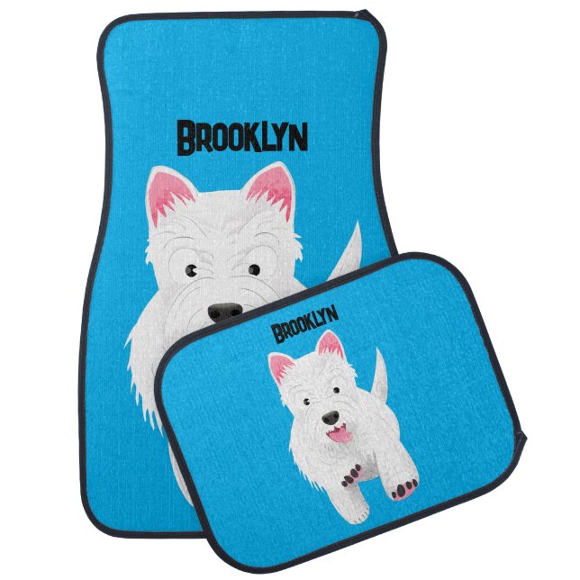 Cute white west highland terrier cartoon car floor mat (Set)