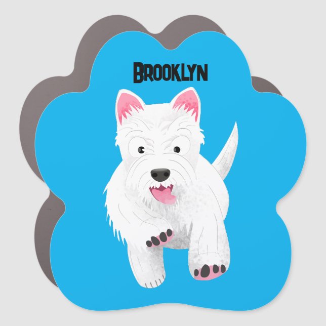 Cute white west highland terrier cartoon car magnet (Front)